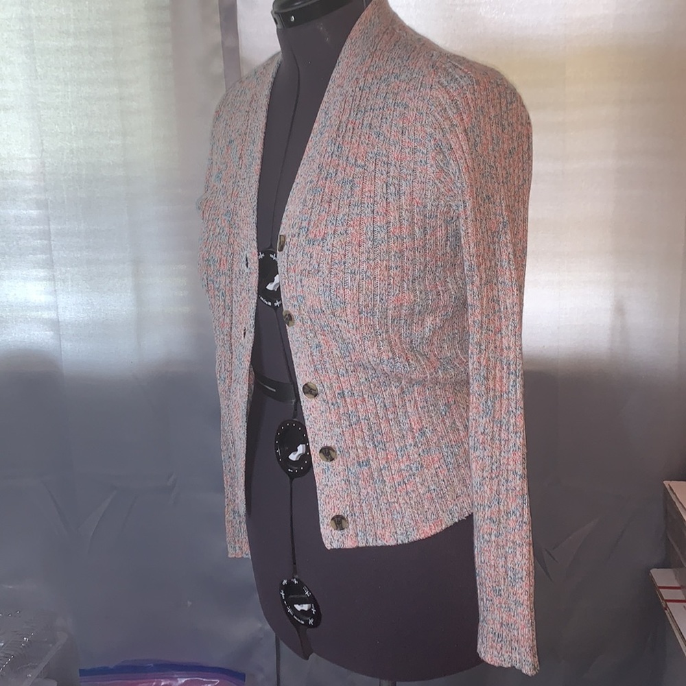 LOFT | NWT Marled V-Neck Button Cardigan Peach Navy Knit Sweater | S - Picture 3 of 5